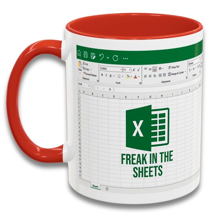 Freak in the Sheets vicces bögre Excel dizájnnal - vicces ajándék irodáknak, informatikusoknak, könyvelőknek vagy programozóknak, fehér kerámia fogantyúval és piros belsővel 330 ml, kocka üzenet irodai viccek kedvelőinek