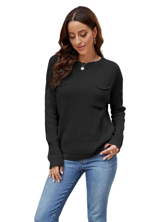 Bluza lejera pentru femei, pulover fin, cu buzunar la piept, negru M