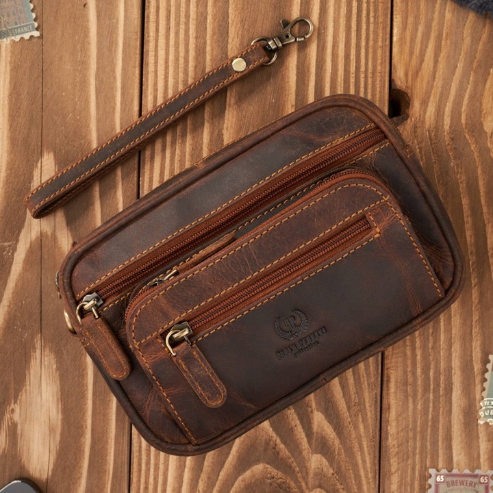 Férfi természetes bőr oldaltáska, T-130-HBR modell, 1 rekesz, 5 zseb, barna színű, méretek 14x20x4cm