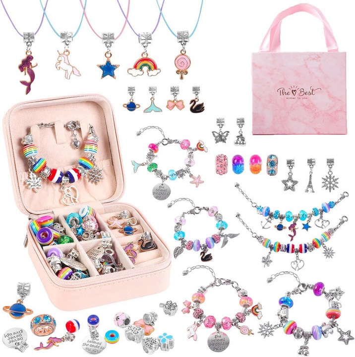 Set de bratari si pandantive pentru fetite, luopital, 30 margele colorate, 22 pandantive, 3 bratari cu lant, 3 snururi pentru coliere, cutie de bijuterii roz