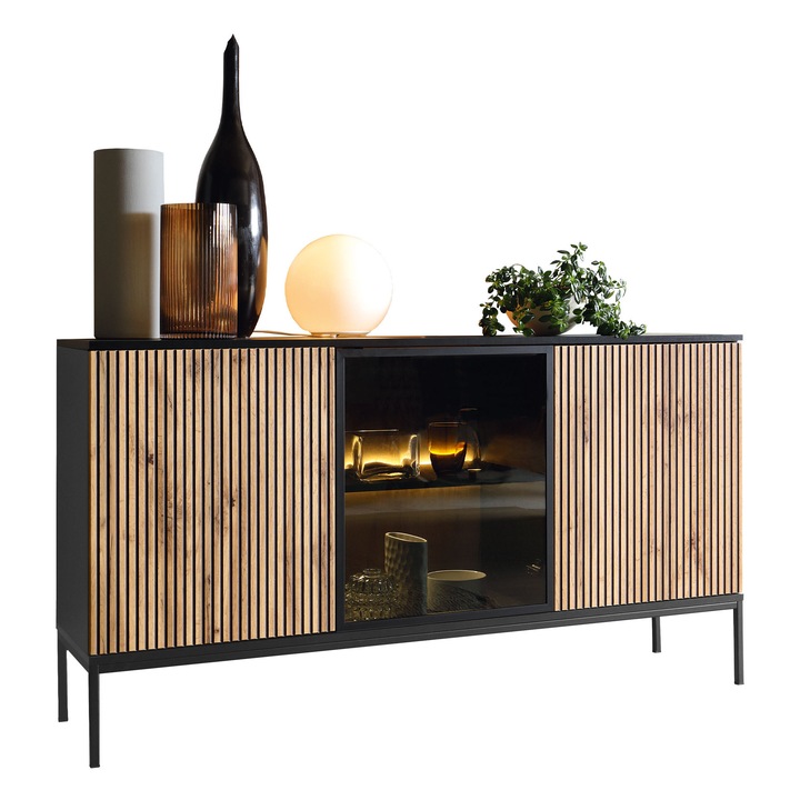 Comoda Dornis K154, MIRJAN 24, negru grafit / stejar wotan, 39x154x83 cm