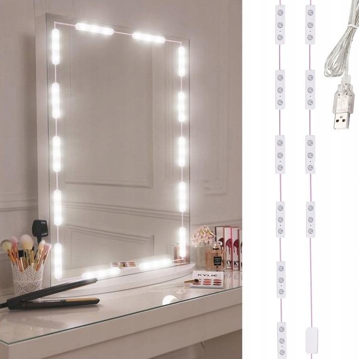 Set lumini LED pentru oglinda de machiaj, Zola, 3 moduri de iluminare, autoadeziva, flexibila, alimentare USB, lungime 3.3 m