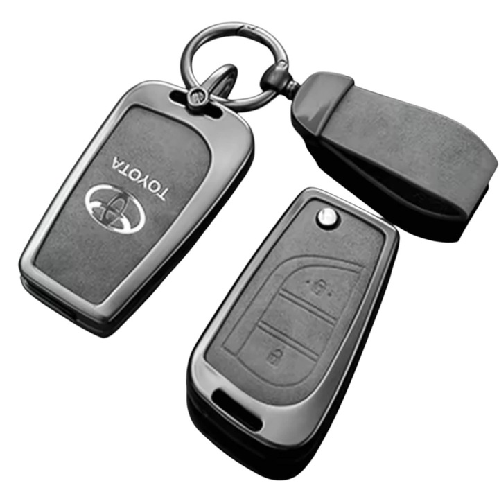 Bőr és könnyűfém autókulcs tok, valamint bőr kulcstartó, kompatibilis a Toyota Aygo, Hillux, Avensis, RAv4 és Auris modellekkel