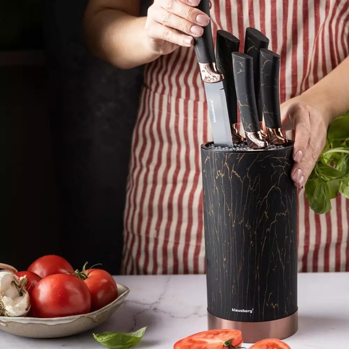 Cutite de bucatarie cu suport, set de 5, negre, cu model maro, Klausberg