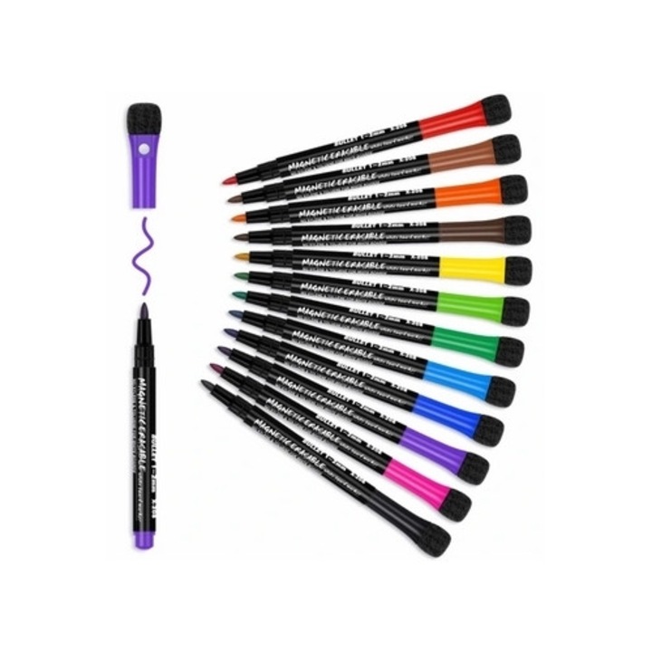 Set de 12 creioane colorate pentru tabla alba cu radere, multicolor, 1-2mm