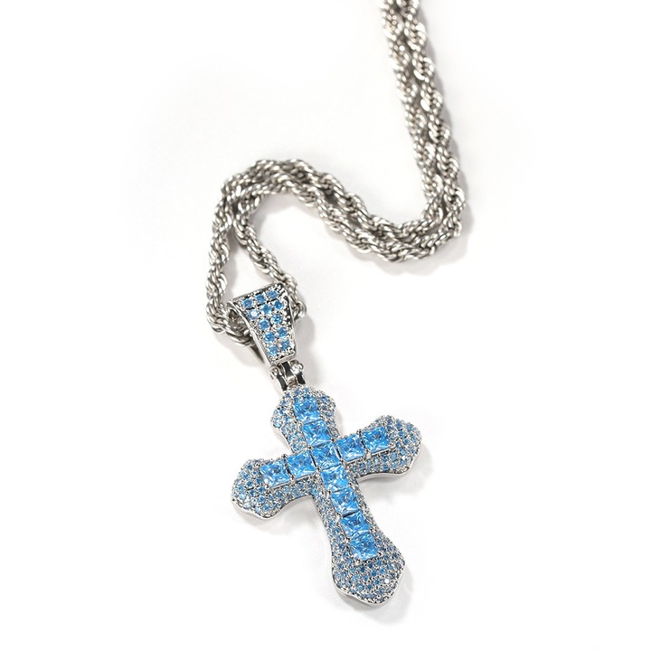 Colier cruce zirconiu albastru, bijuterii barbati, lungime 60cm, otel inoxidabil, greutate 15.9g