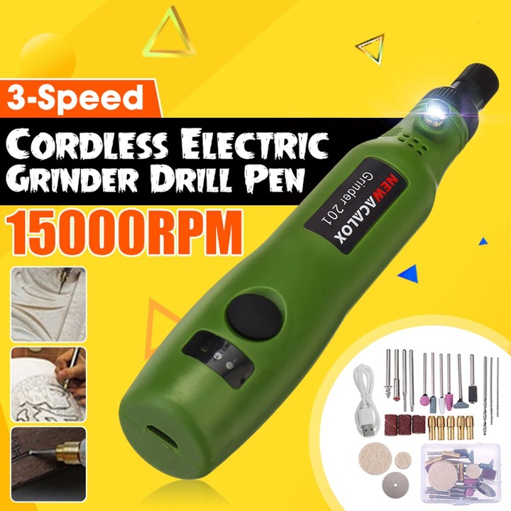 Mini elektromos csiszoló, 25 tartozék, 0.5-3.2mm, zöld, USB