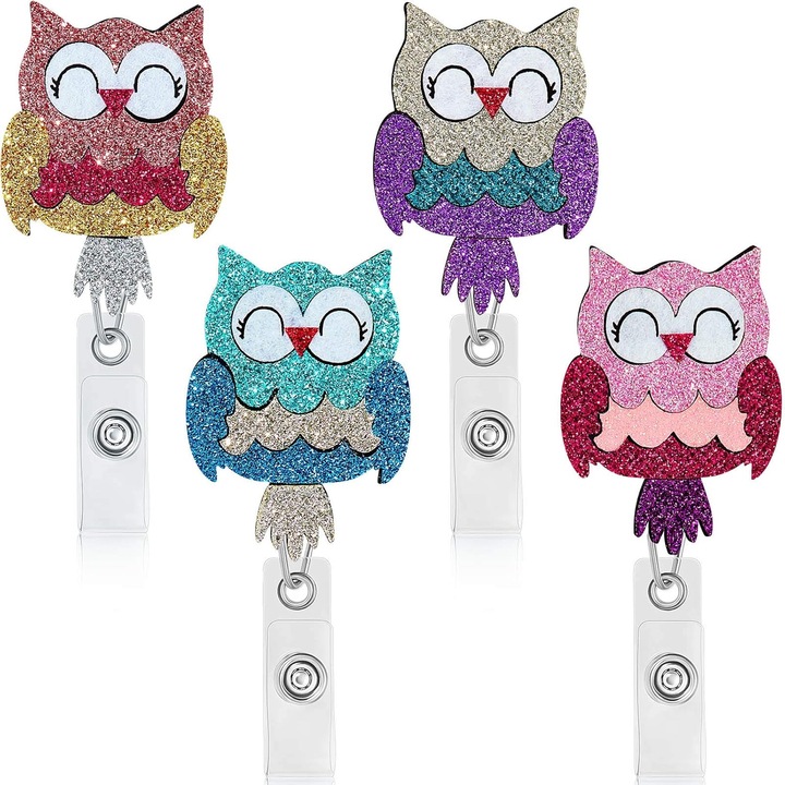 Set 4 suporturi pentru ecusoane retractabile, bufnite colorate, 8.3x3.3 inch