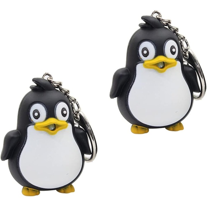 Suport chei pinguin cu LED si sunet, set 2 bucati, metal si plastic