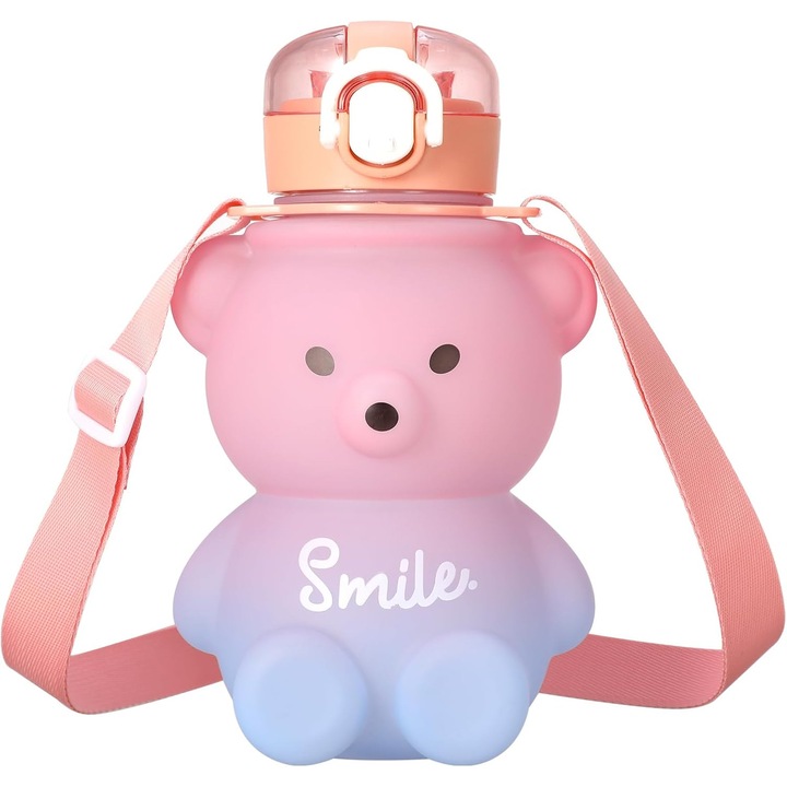 Szívószál és pántos kulacs, 800 ml űrtartalom, Kawaii Medve design, többszínű, 11x19cm