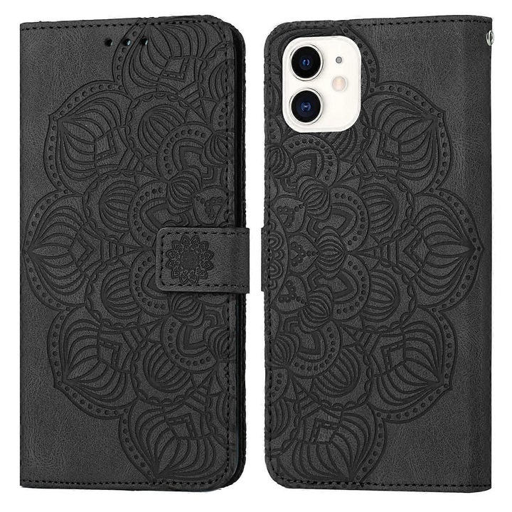 Husa telefon Mandala din piele embosata pentru iPhone 12 mini, cu slot pentru carduri, culoare multicolor, dimensiuni 12x6x1cm