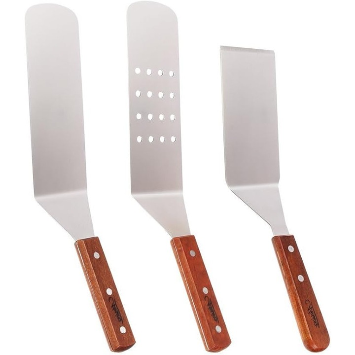 Set spatule din otel inoxidabil pentru gatit si gratar, 19.5x6cm, 13x6.5cm, manere din lemn