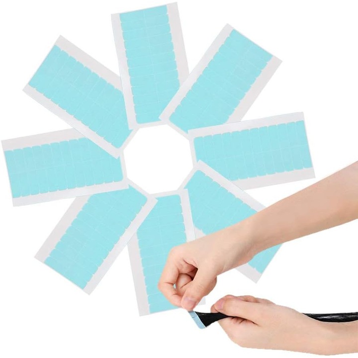 Set 96 benzi adezive pentru extensii de par, 4x0.8cm, colorate albastru