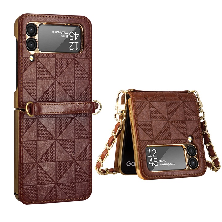 Carcasa telefon cu lant pentru Samsung Galaxy Z Flip 3 5G, aurie, design multifunctional, ultra-subtire