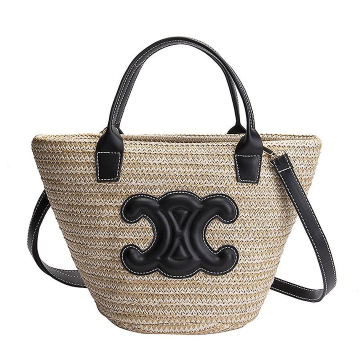 Rattan strandtáska, nagy kapacitású, elegáns design, fekete, 30x20x14cm