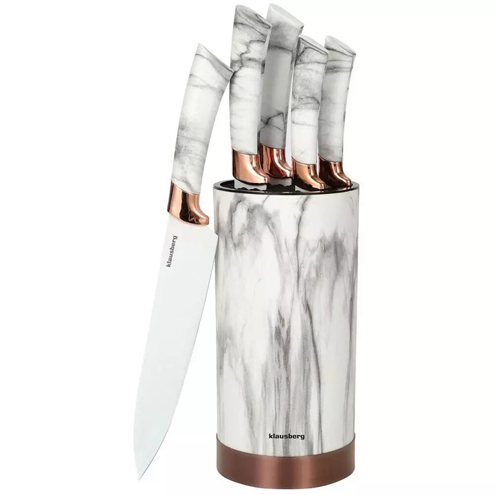 Set cutite din inox cu suport, 6 elemente, alb cu model maro