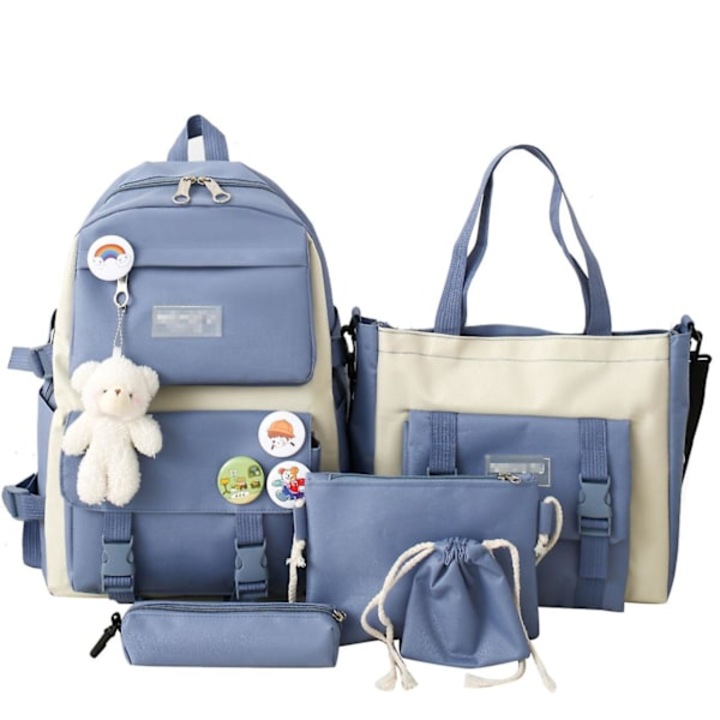 5 darabos lányka táska szett, hátizsák, kézitáska, válltáska, tolltartó, tornazsák, többszínű, különböző méretek