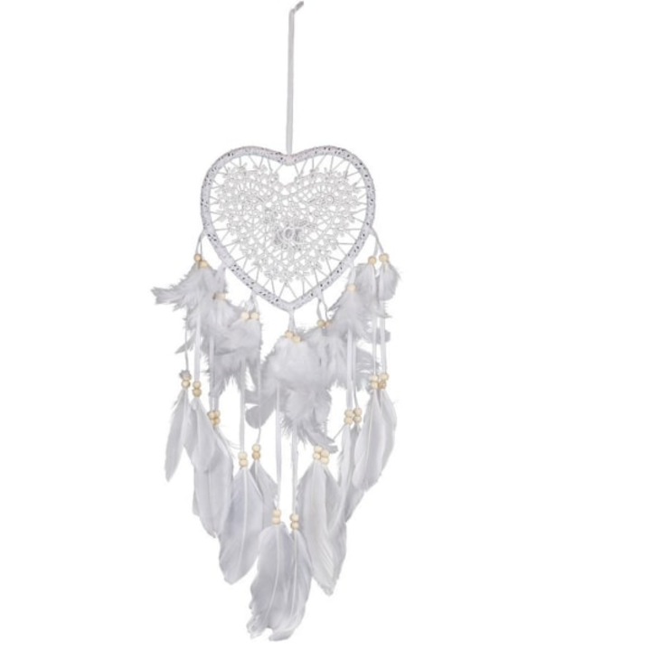 Decoratiune Dreamcatcher alb in forma de inima, cu pene, 15x60cm