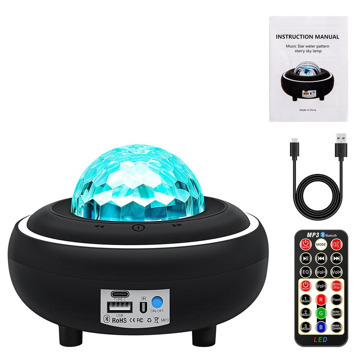 Proiector de stele cu baterie, 10 culori, control de la distanta, negru