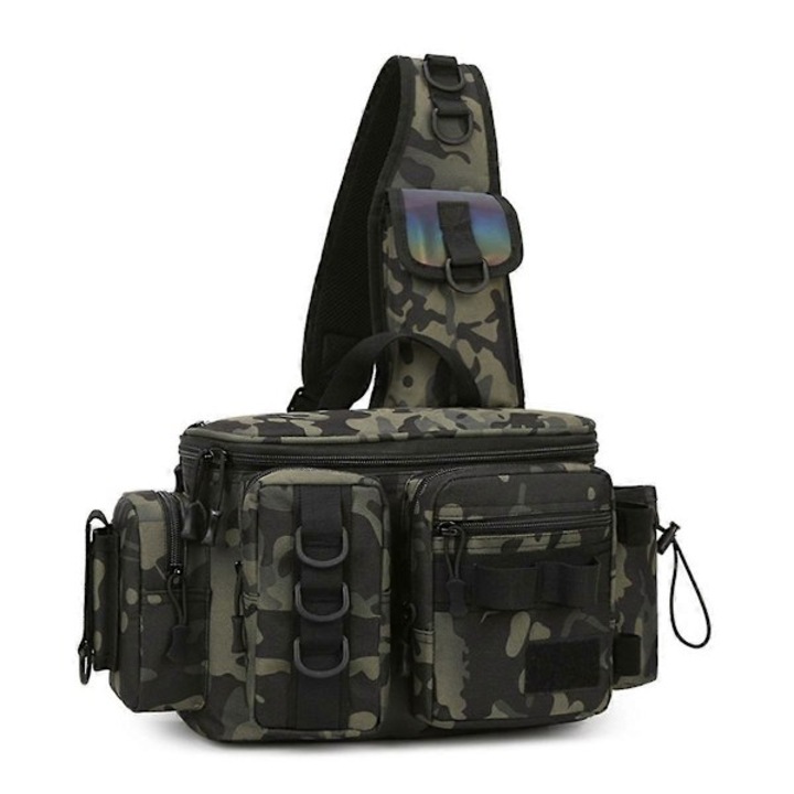 Geanta pescuit, 600D nylon, camuflaj verde, 40x15x20cm, cu compartimente multiple