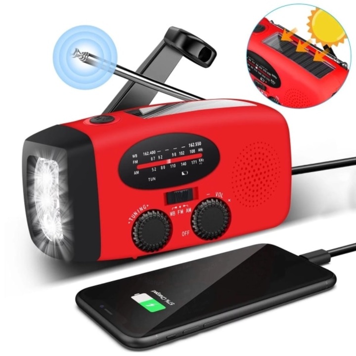 Rádió kurblival és napelemekkel, zseblámpa és 2000mAh powerbank, piros, 14.7x6.2x7.6cm