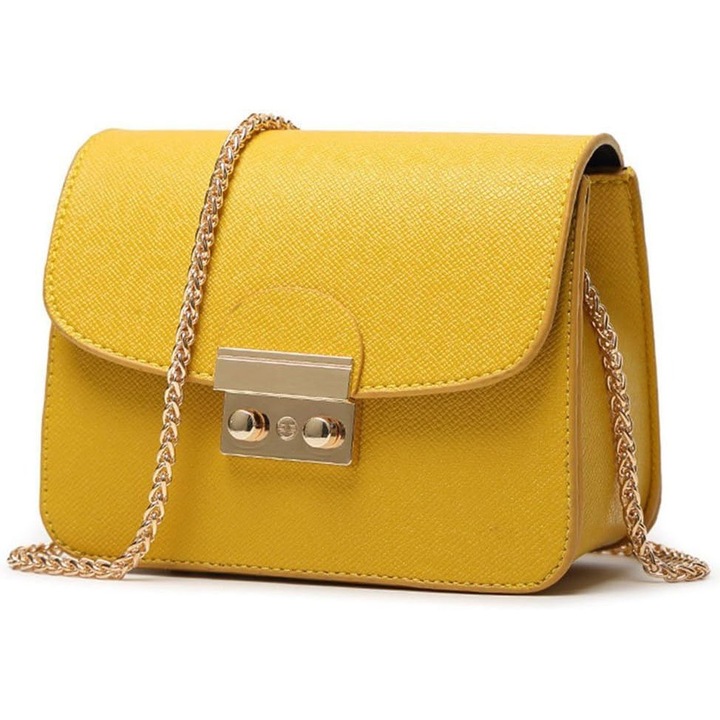 Női válltáska, sárga, PU bőrből, modern design, mérete 17x7x13cm, vízálló.