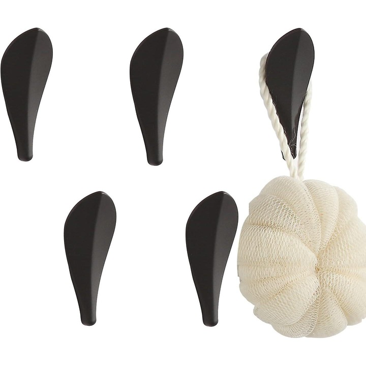 Set de 5 suporturi pentru prosoape, design frunza, negru, pentru baie si bucatarie