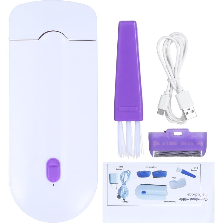 Epilator electric pentru femei, alb/mov, design portabil, 120x48x15mm, functie fara fir, set complet