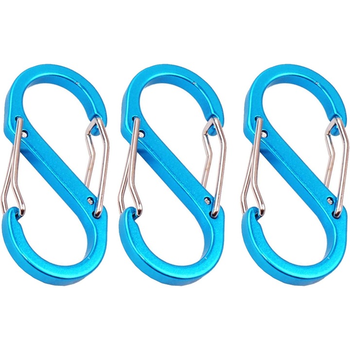 Set 3 carabiniere metalice S, albastru, pentru camping si drumetii, usoare si rezistente