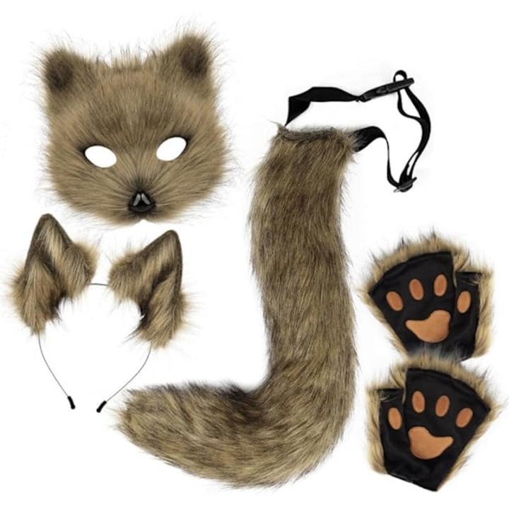 Set costum animal cu masca de vulpe, coada de vulpe, urechi de pisica si manusi
