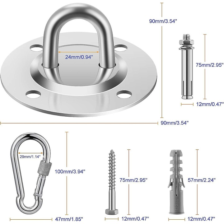 Carlige de tavan, set de 4 bucati, otel inoxidabil, capacitate 400kg, pentru beton si lemn, argintii
