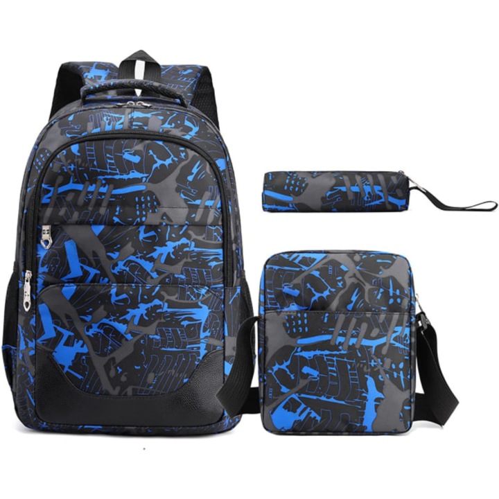 Rucsac scolar, 3 piese, set cu cutie de pranz si penar, albastru/negru