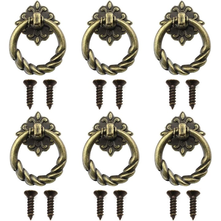 Set 6 manere pentru sertare, antichizate, 24x39mm, alama antica