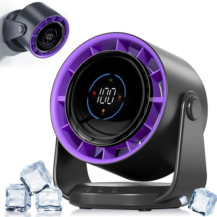 Ventilator de birou, 5000mAh, display LED, 1-199 viteze, cap rotativ 105, culoare mov, dimensiuni 13.8x17.3x19cm