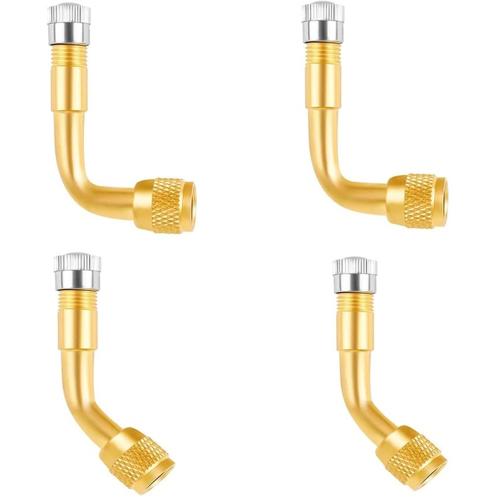 Set 4 extensii supapa roata, unghiuri 90° si 135°, alama, aurie