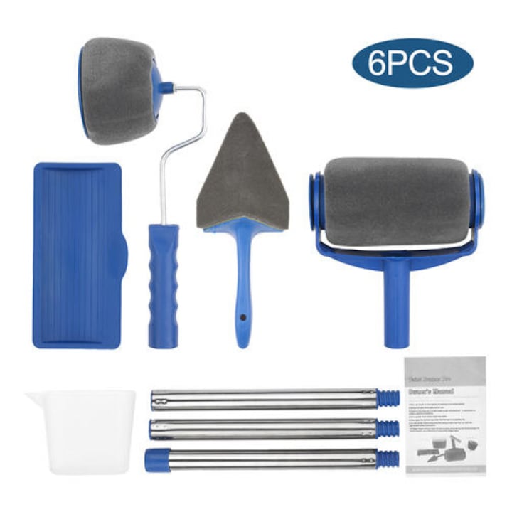 Set de unelte pentru vopsit, 6 piese, rola de vopsea, pensula unghiulara, albastru/gri