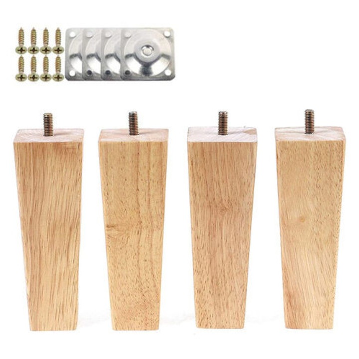 Picioare din lemn pentru mobilier, 15 cm, cu placi de montaj si suruburi, 4 buc.