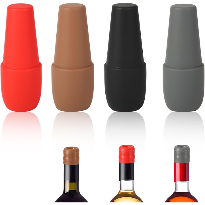Set 4 dopuri pentru sticle de vin, silicon, multicolor, reutilizabile, sigilare dubla