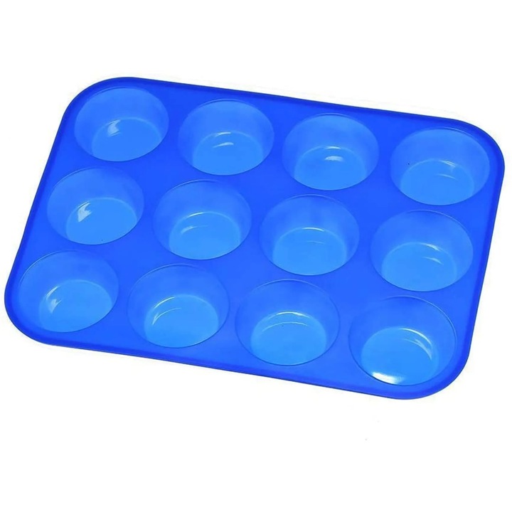 Tava de copt pentru briose, 12 forme, silicon de calitate alimentara, albastra, 22x29.5cm