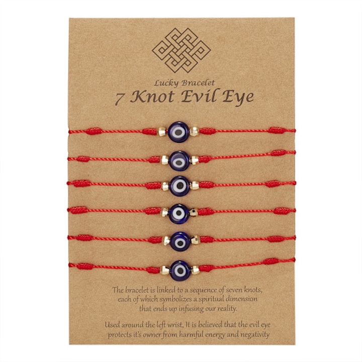 Set 6 bratari Evil Eye, ajustabile, protectie, multicolor, 10.16x25.40cm