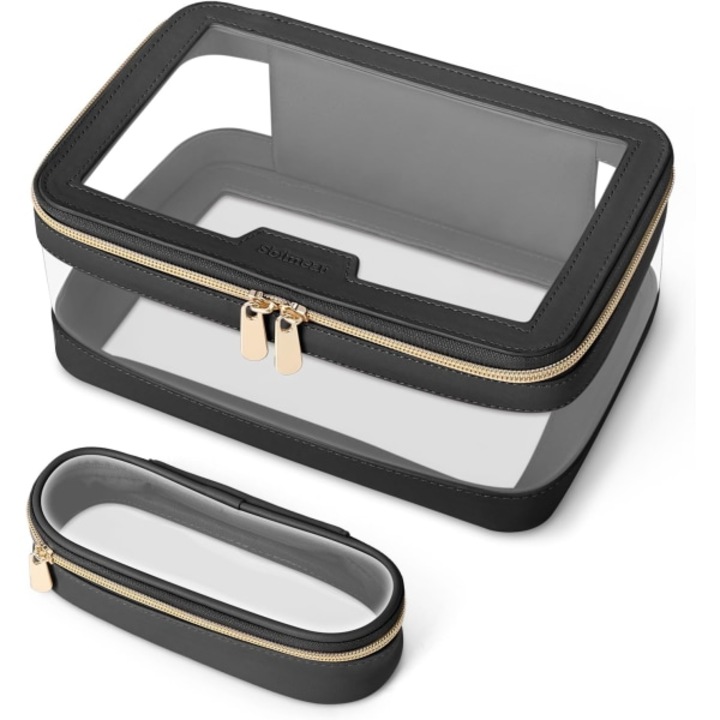 Átlátszó kozmetikai utazótáska ecsettartóval, vízálló, fekete, nagy méretű