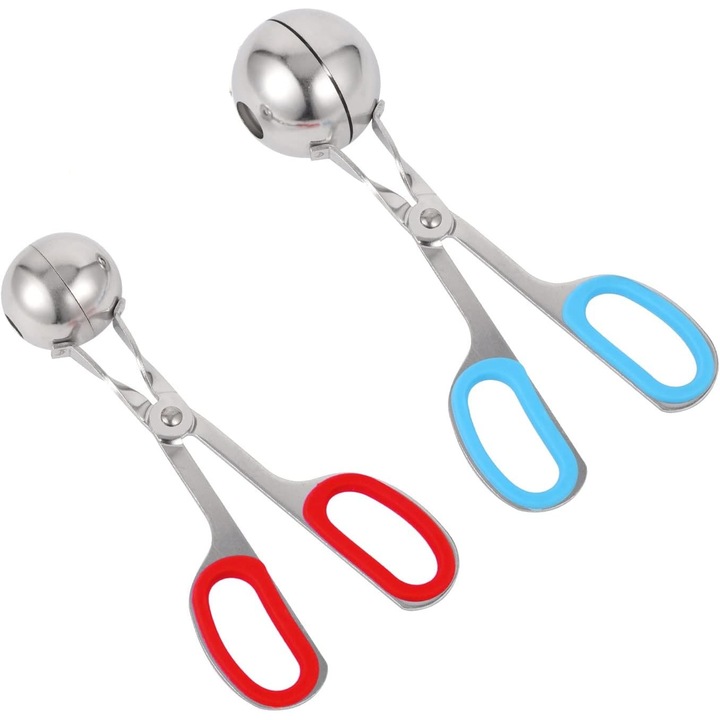 Set 2 ustensile pentru chiftele, inox, 3.5cm/4.5cm, manere antiderapante, rosu/albastru