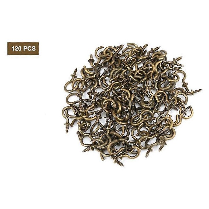 Set de 120 carlige cu suruburi, 20.12 mm, metal, pentru suprafete din plastic si lemn, pentru suspendarea plantelor