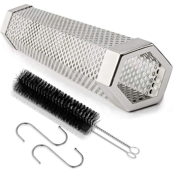 Afumatoare pentru gratar, inox perforat, set cu perie de curatare si 2 carlige, 4 ore fum