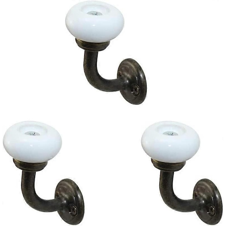 Cuier vintage pentru haine, suport perete, bila ceramica alba, set de 3