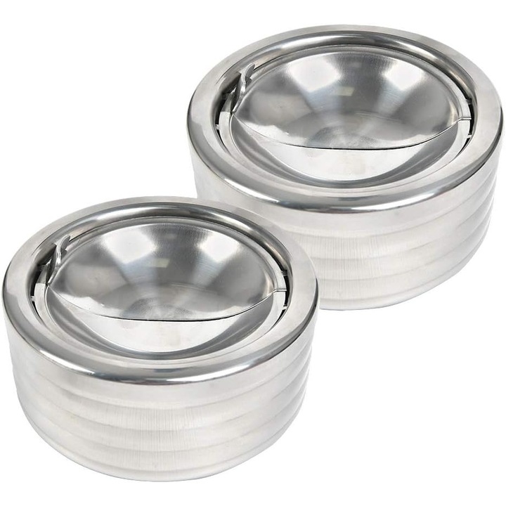 Set de 2 scrumiere din inox cu capac, protectie impotriva vantului, 11.7x5.5cm, argintii
