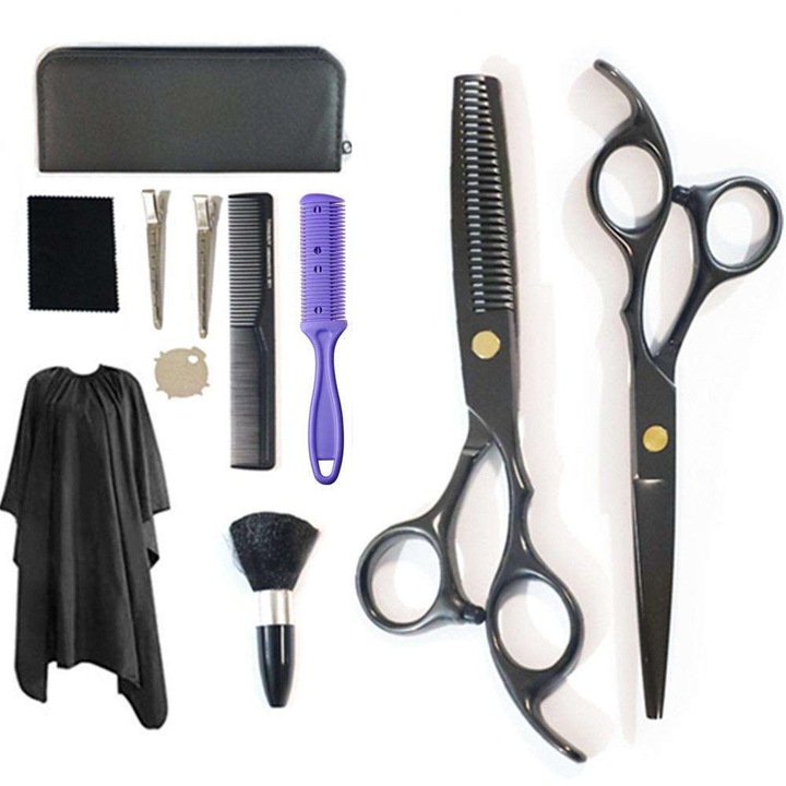 Set de tuns 9 piese, foarfeca de tuns, foarfeca de subtiat, piepteni, clipsuri, cutie de depozitare, 17.5cm, inox