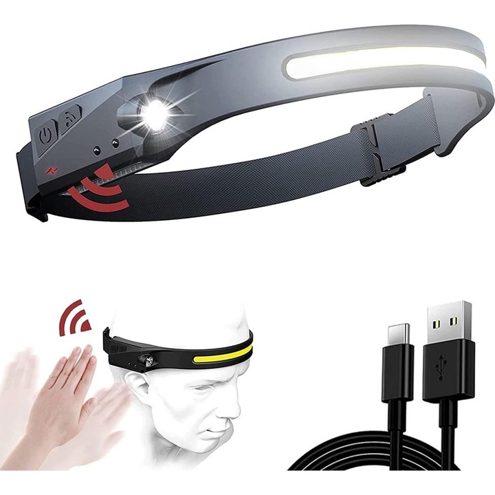 Lanterna LED cu senzor, reincarcabila USB, 5 moduri de iluminare, waterproof, 230° unghi de vizibilitate, 1200mAh