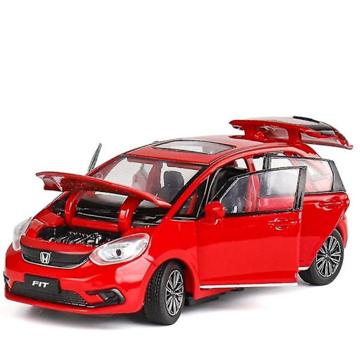 Honda Fit Jazz Sport kisautó, 1/32 méretarányú diecast modell, nyitható ajtókkal, hanggal és fénnyel, piros