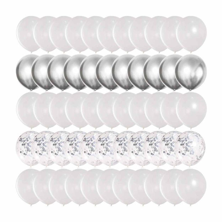 Szett 50 Fehér Ezüst Lufi Konfettivel